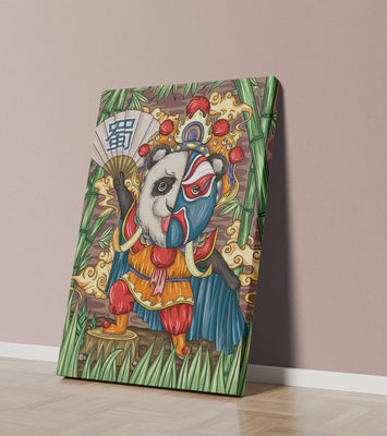Colorful panda dressed in traditional Chinese opera costume surrounded by bamboo