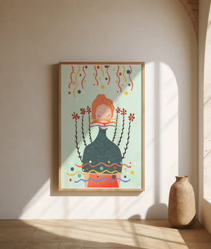 Whimsical Abstract Art of a Woman with Flowers and Streamers - Mi tienda