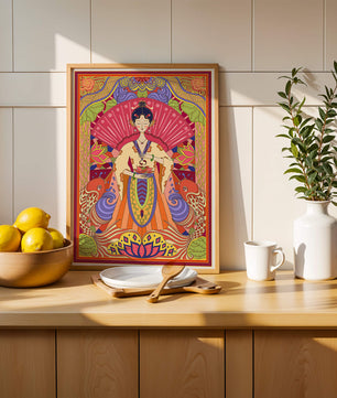 Ilustración oriental colorida con motivos de peces koi y loto