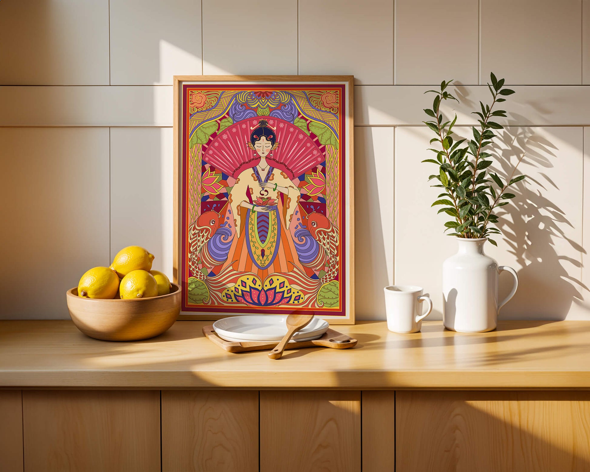 Ilustración oriental colorida con motivos de peces koi y loto