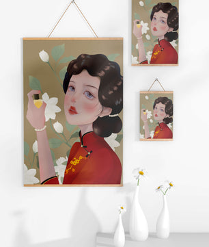 Captivating portrait of a woman in traditional attire with floral backdrop