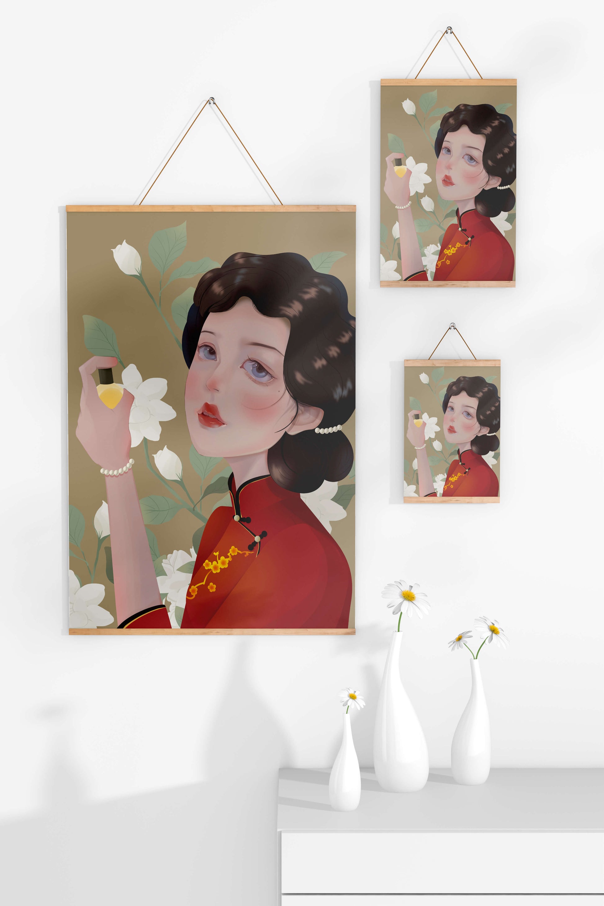 Captivating portrait of a woman in traditional attire with floral backdrop