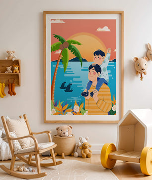 Un père et son fils profitent d’un coucher de soleil tropical avec des palmiers et des bateaux.
