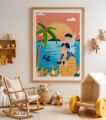 Father and son enjoying a tropical sunset with palm trees and boats