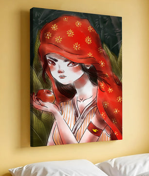 Illustration d'une fille en capuchon rouge tenant une pomme dans une forêt
