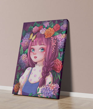 Illustration of a girl with floral crown surrounded by vibrant flowers