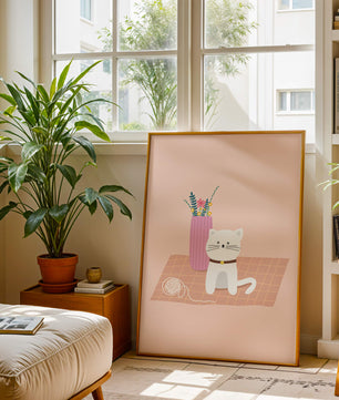 Illustration of a cute white cat with a pink vase and yarn ball on a pastel background