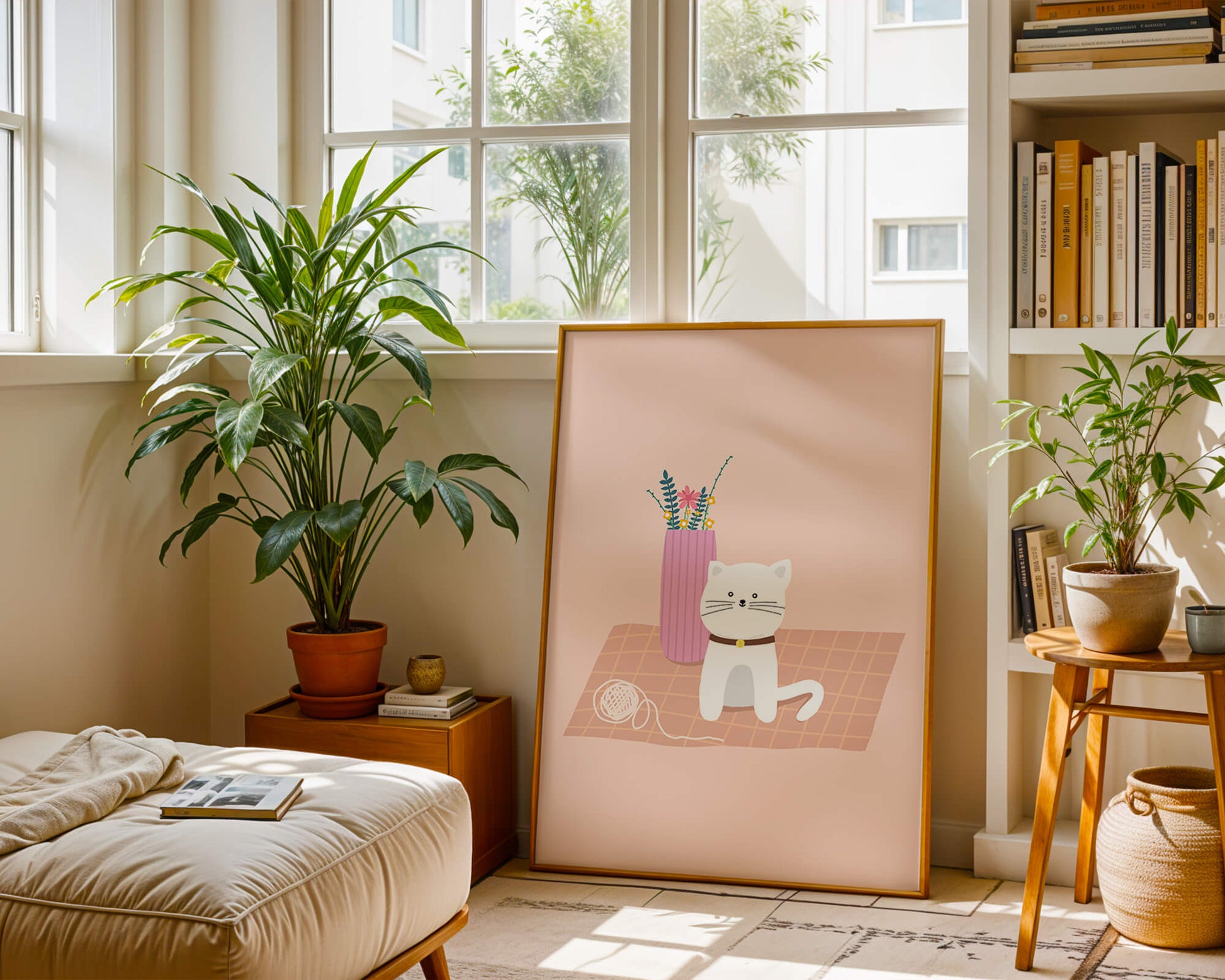 Illustration of a cute white cat with a pink vase and yarn ball on a pastel background