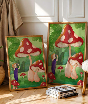 Playful illustration of a child with oversized mushrooms in a whimsical forest setting
