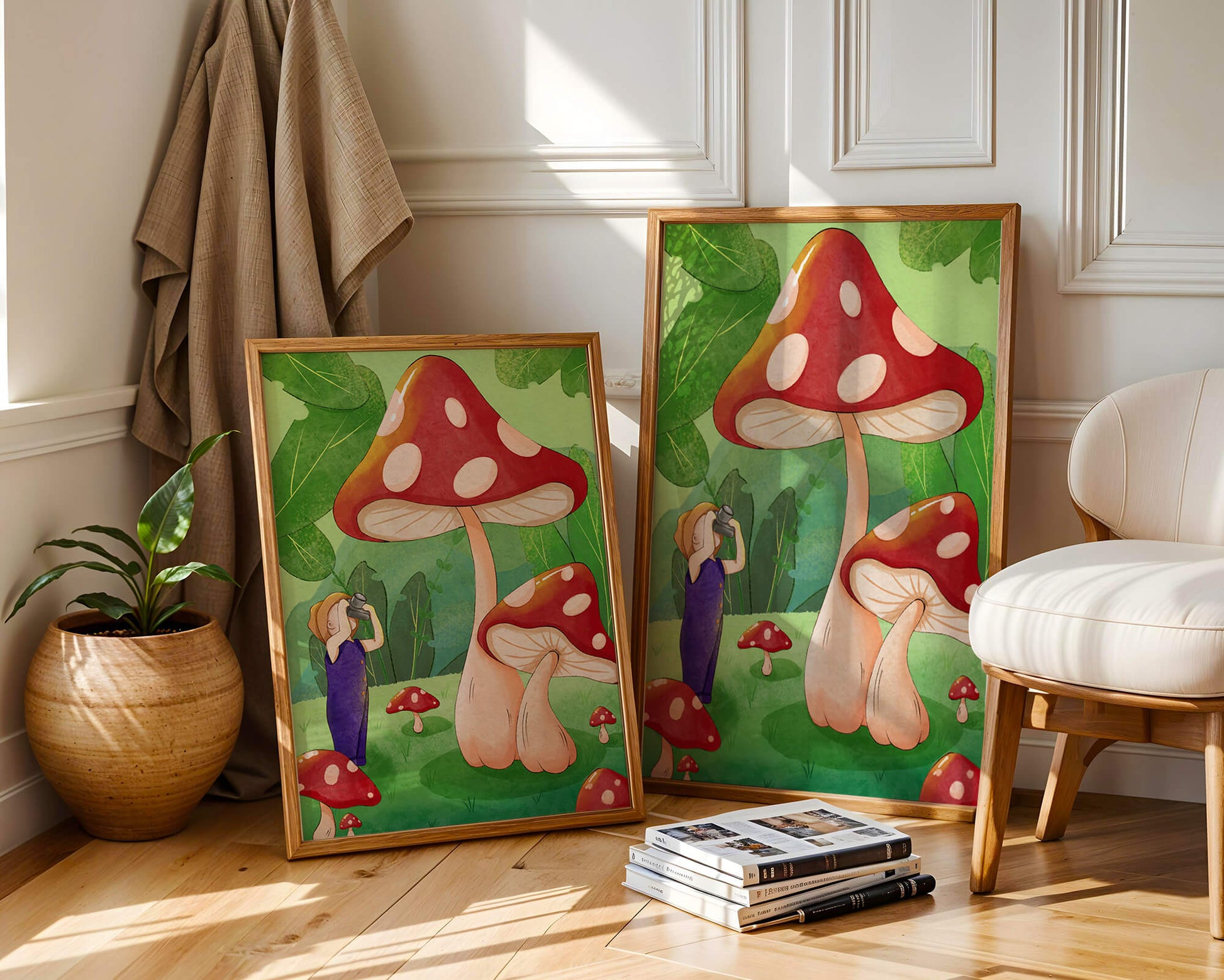 Playful illustration of a child with oversized mushrooms in a whimsical forest setting
