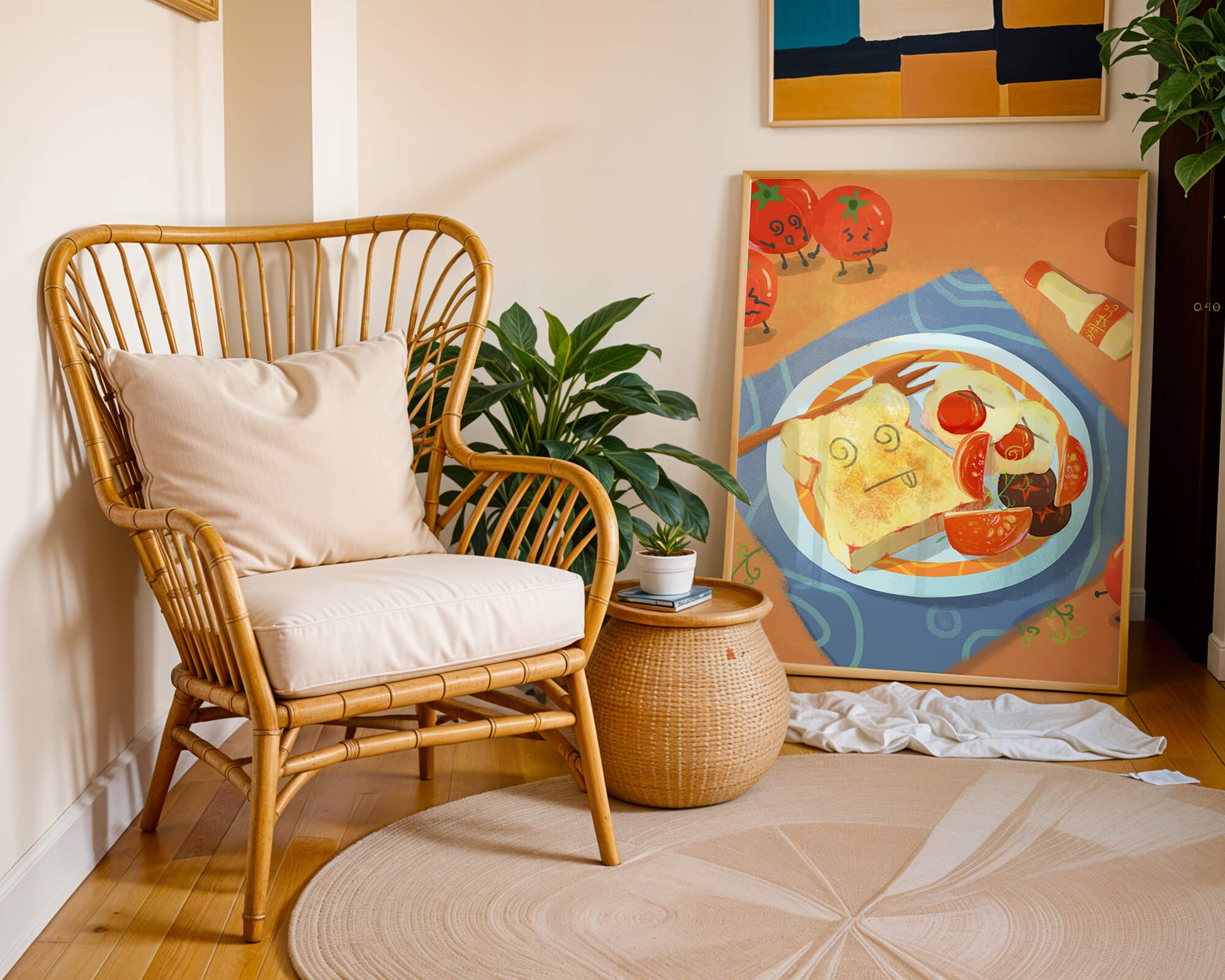 Desayuno caprichoso con tomates animados y tostadas en un plato brillante