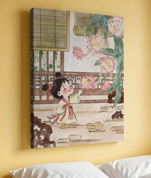 Kleines Mädchen mit Blumen im traditionellen asiatischen Garten