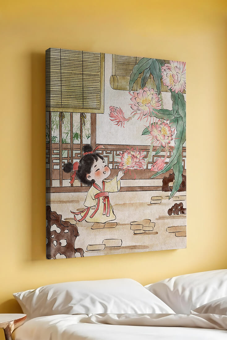 Little girl with flowers in traditional Asian garden