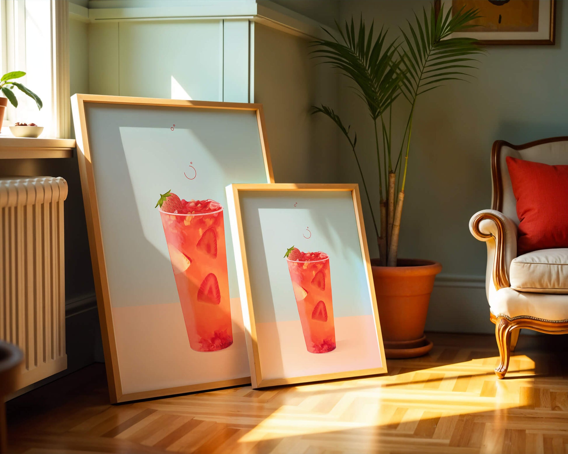 Refreshing strawberry drink with floating slices on pastel background