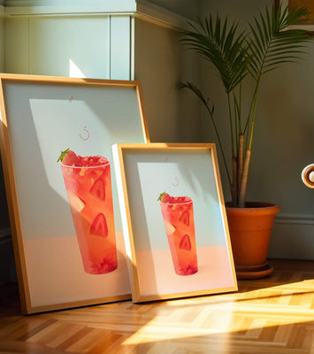 Refreshing strawberry drink with floating slices on pastel background