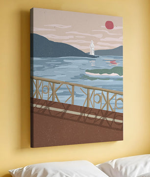 Coastal Landscape with Lighthouse and Artistic Fence at Sunset