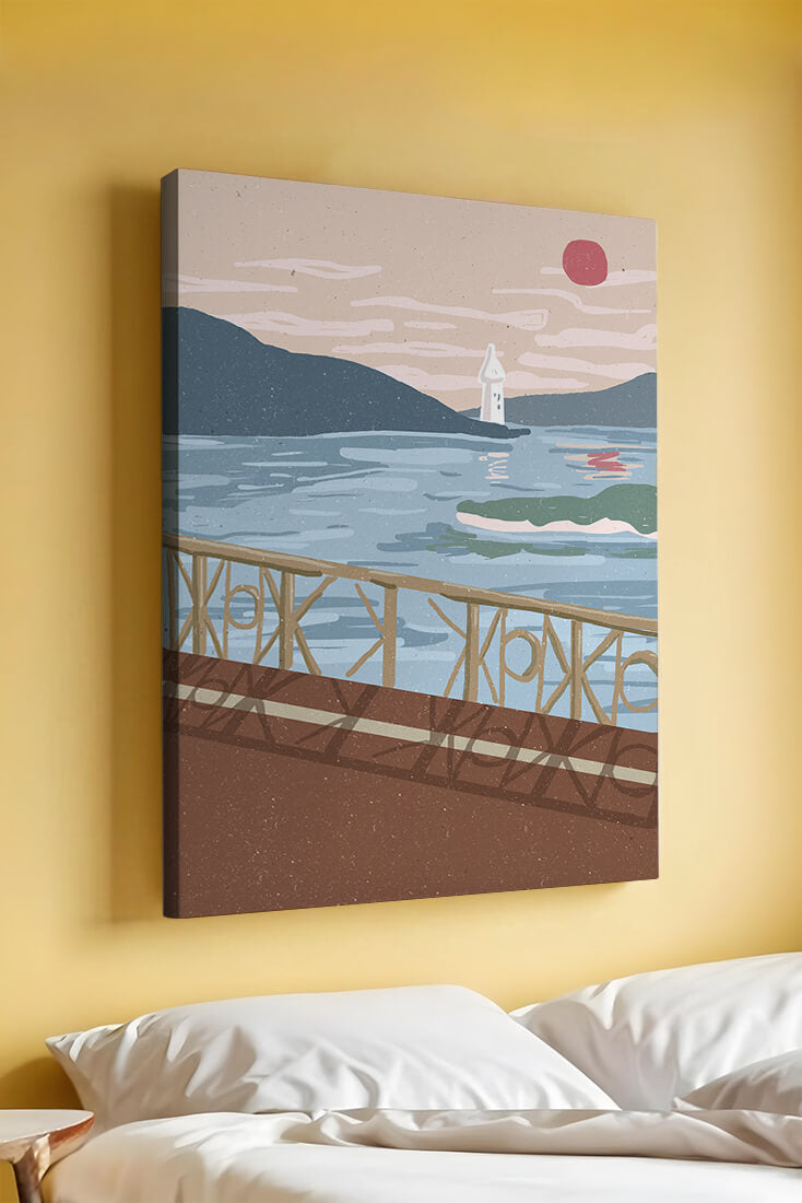 Coastal Landscape with Lighthouse and Artistic Fence at Sunset