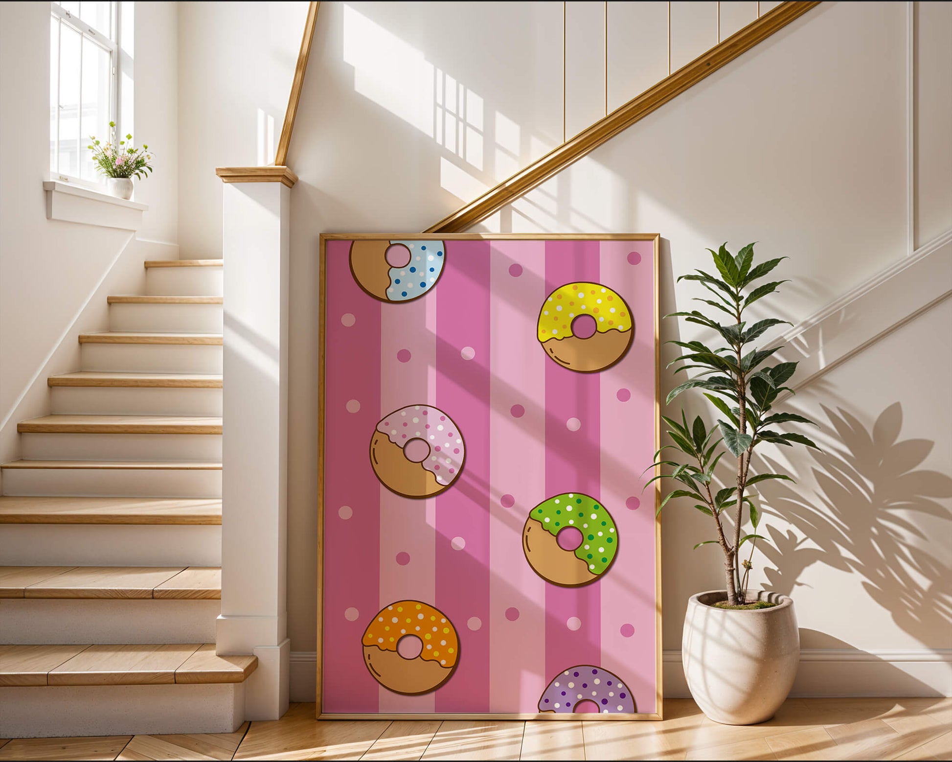 Colorful donut pattern on pink striped background