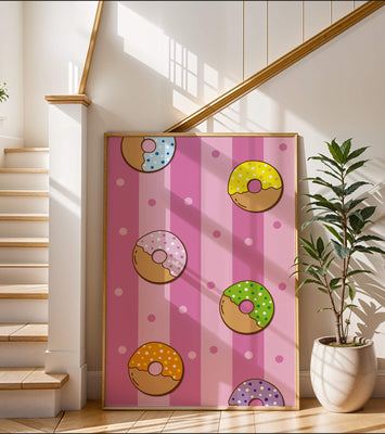 Colorful donut pattern on pink striped background