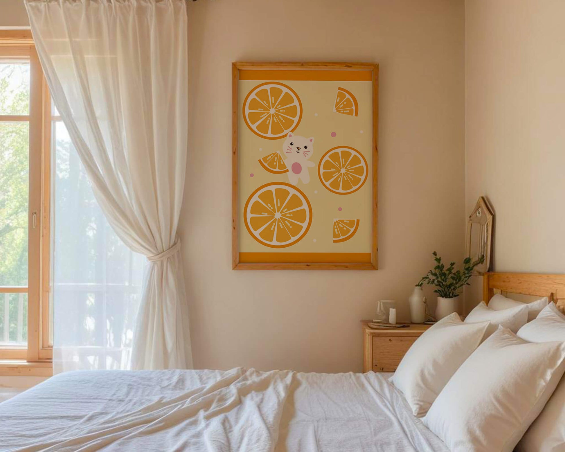 Illustration of a playful cat with orange slices on a colorful background
