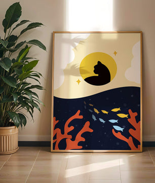Ruhiges abstraktes Design mit Katzensilhouette und lebendiger Unterwasserszene