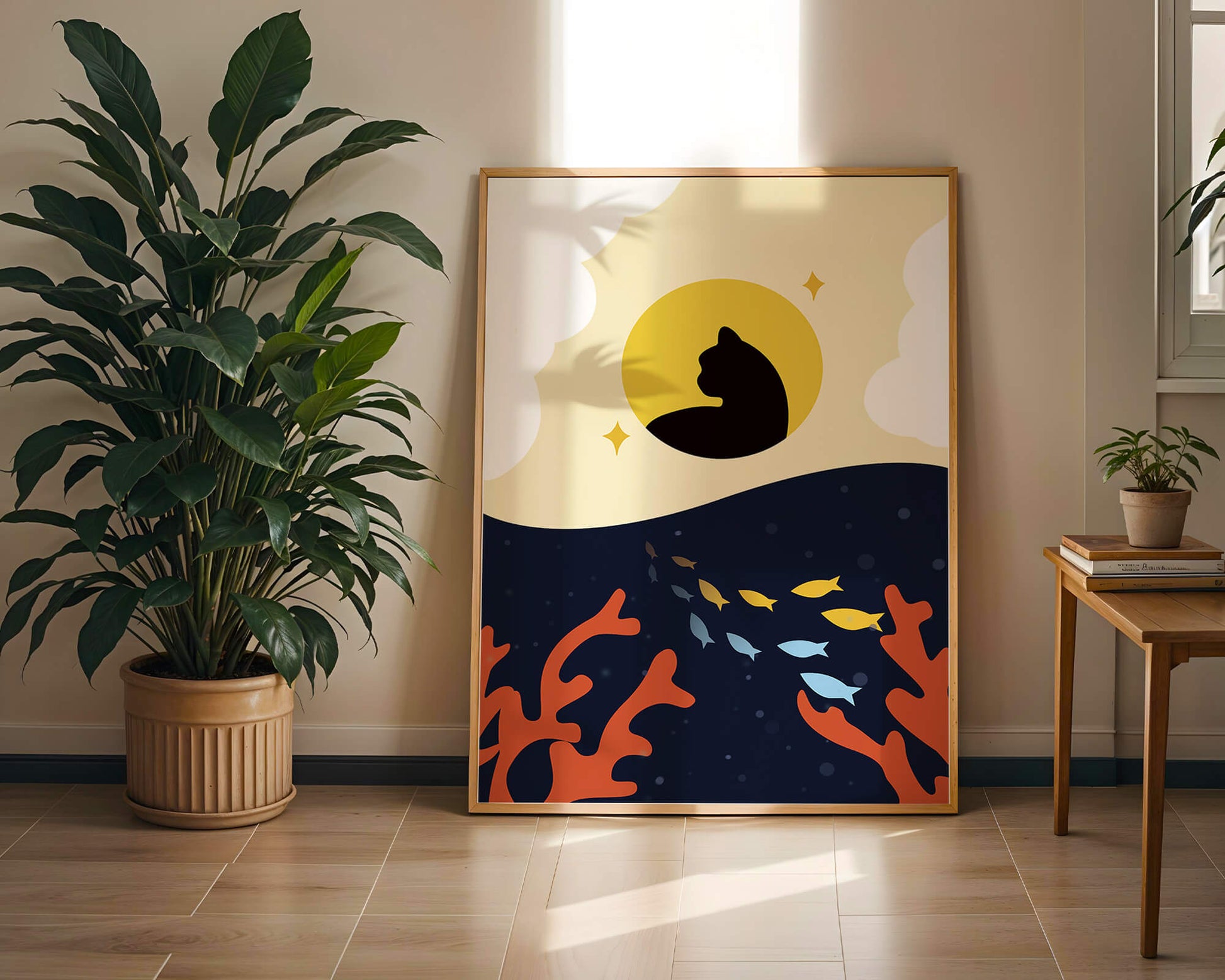 Ruhiges abstraktes Design mit Katzensilhouette und lebendiger Unterwasserszene