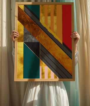 Abstract geometric design with gold accents and vibrant colors