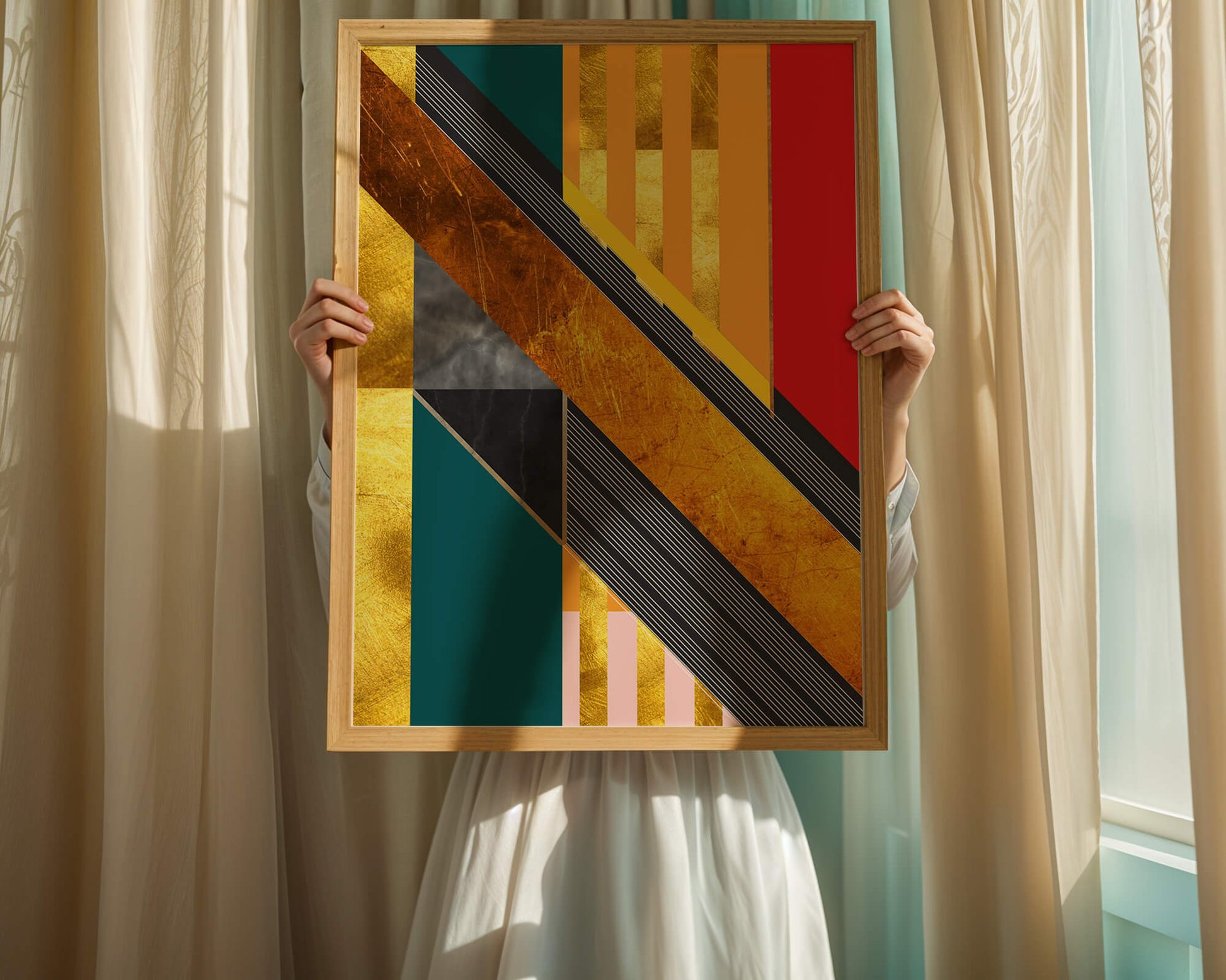 Abstract geometric design with gold accents and vibrant colors