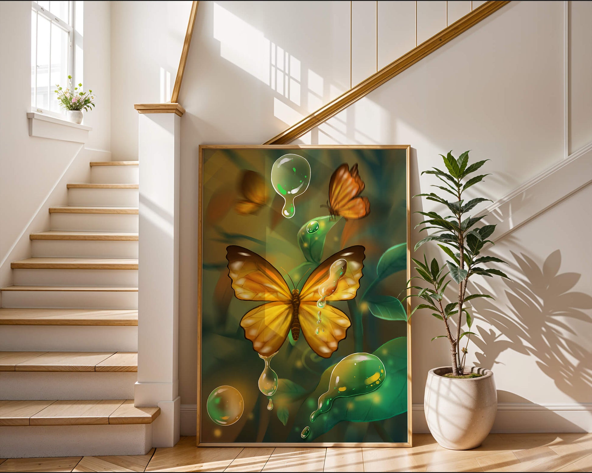 Butterflies Among Dewdrops in a Serene Forest Setting