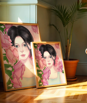 Illustration d'une femme entourée de roses roses