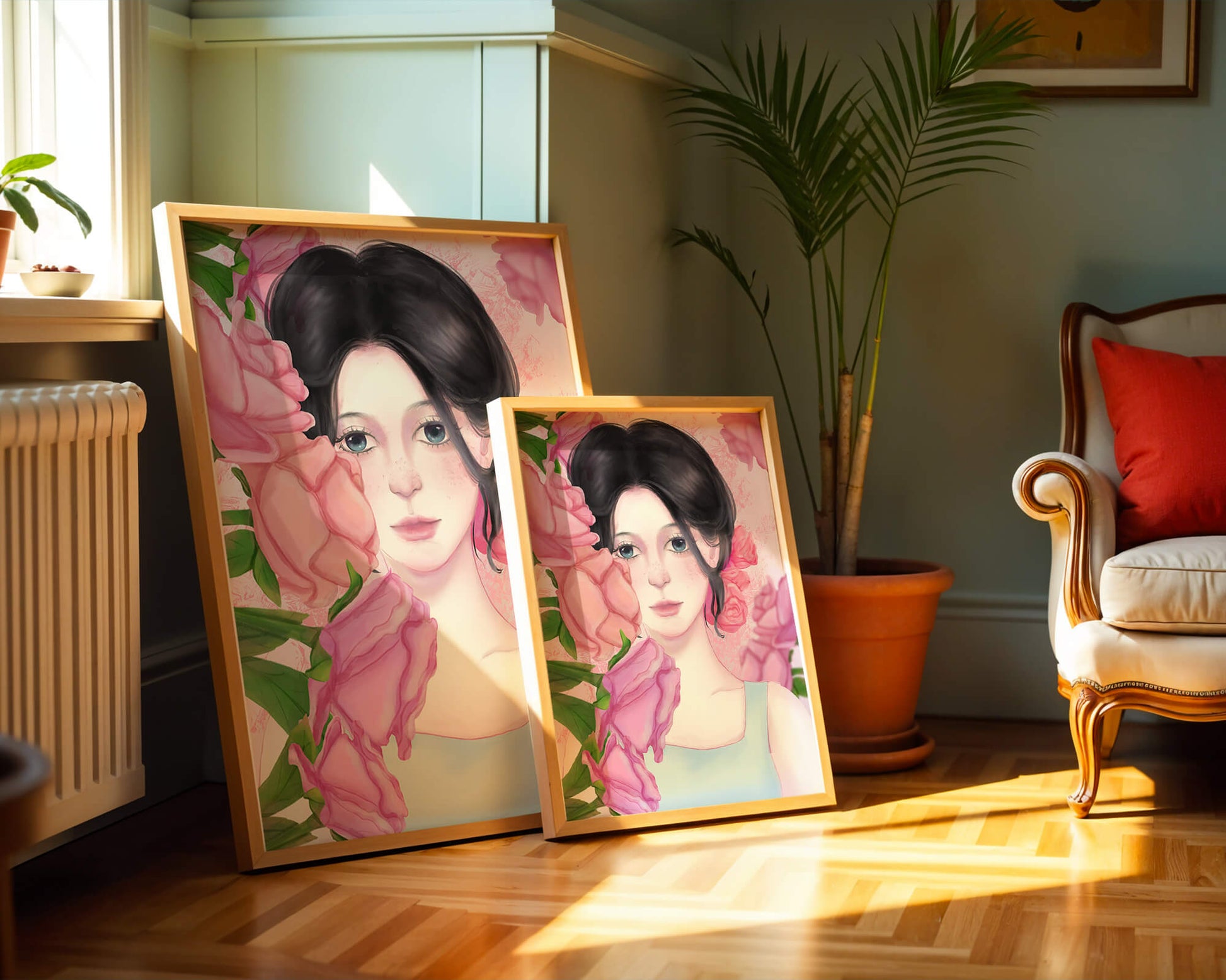 Illustration of a woman surrounded by pink roses