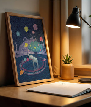 Éléphant fantastique avec arbre et fond cosmique
