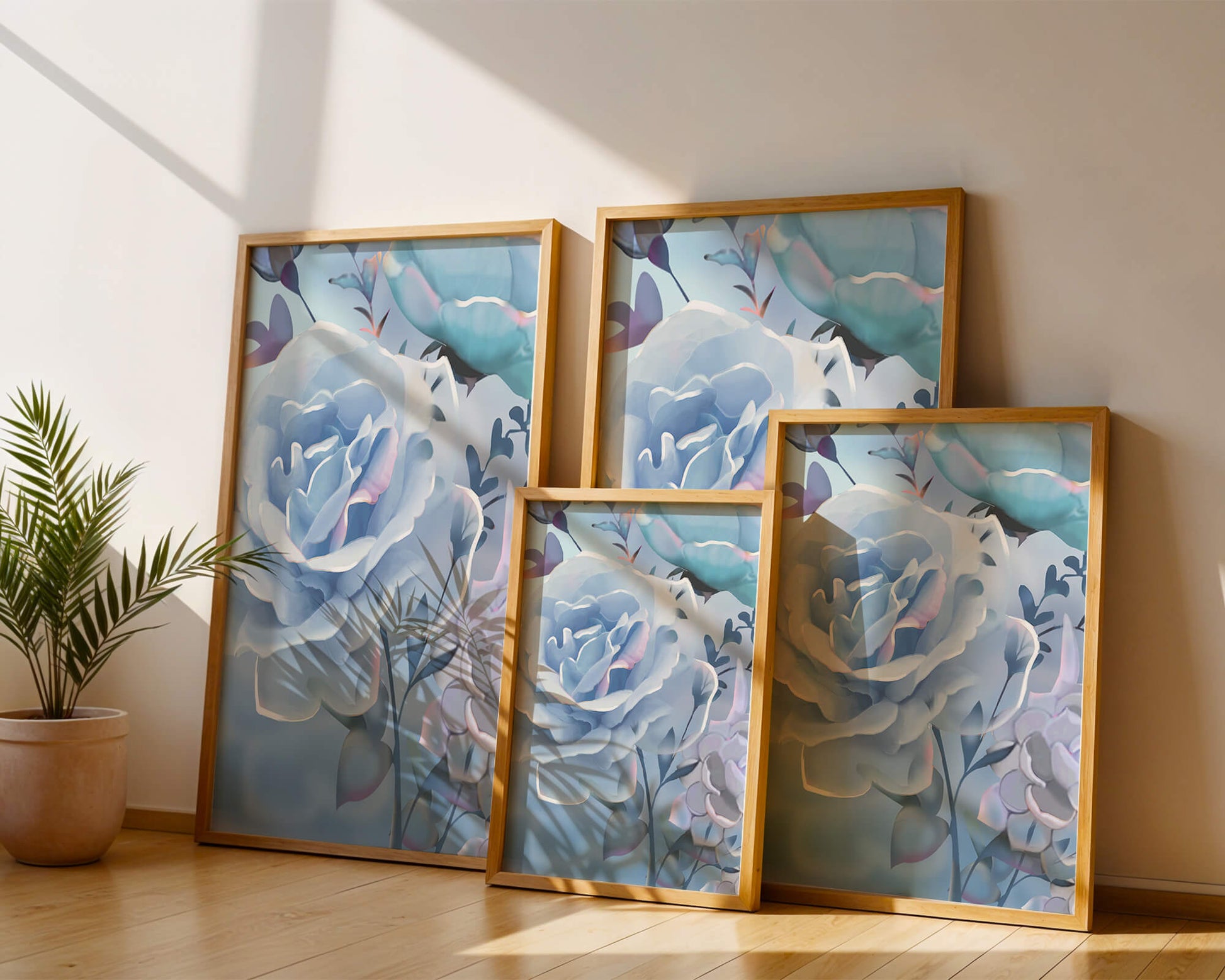 Rosas azules serenas con hojas delicadas sobre fondo suave