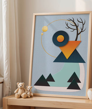 Abstract Geometric Landscape with Mountain and Sun - Mi tienda