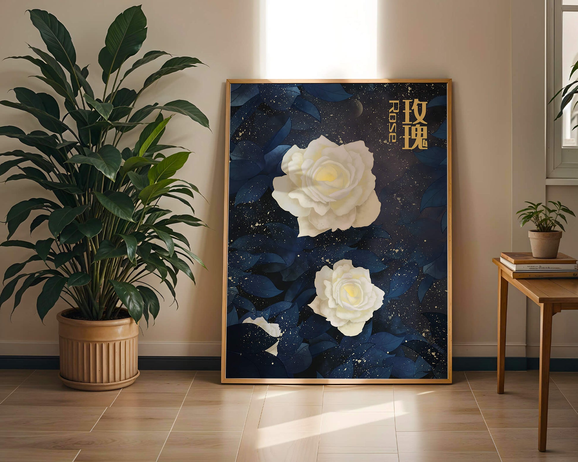 Elegant white roses on a celestial night background with deep blue leaves