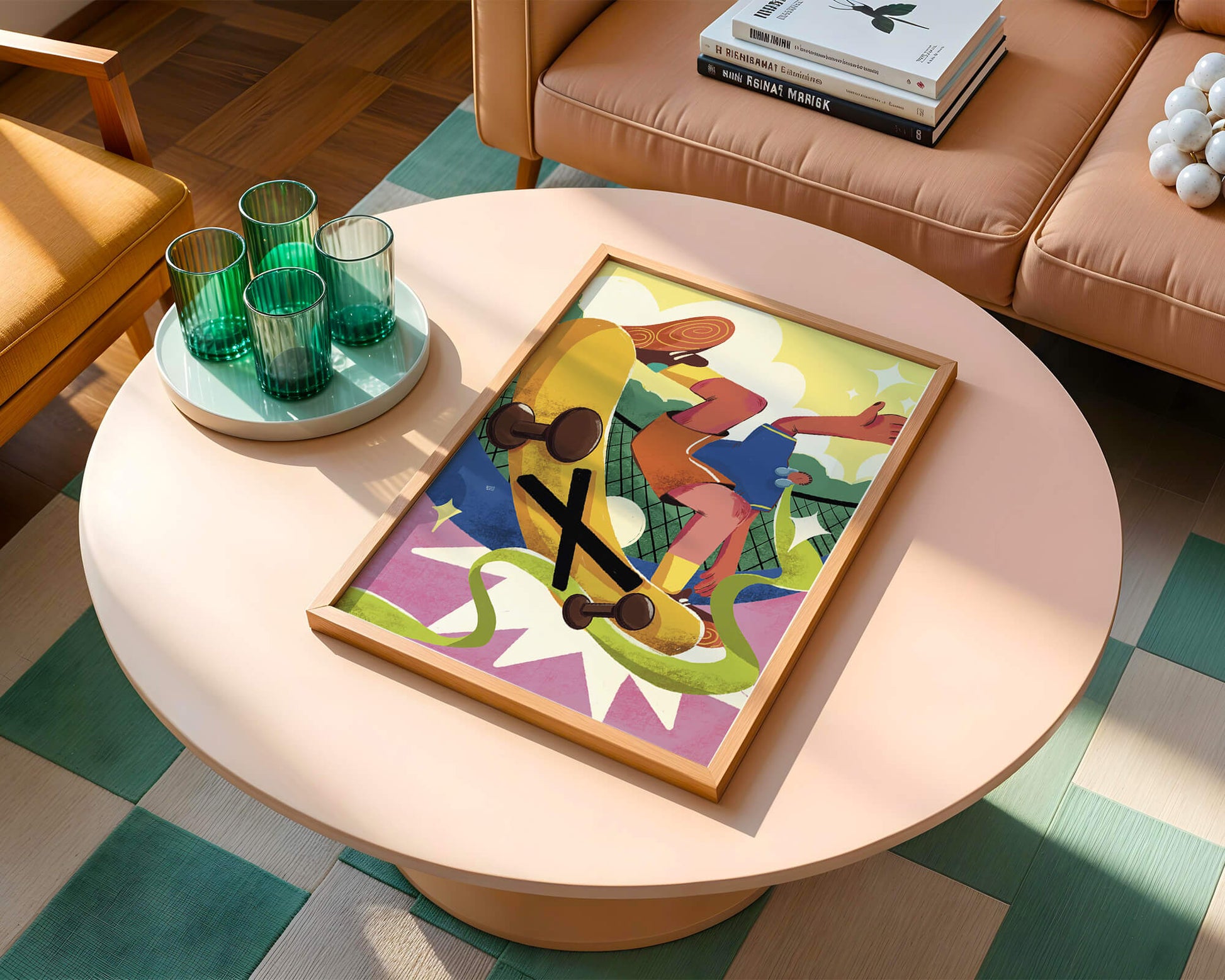 Ilustración abstracta colorida con un skater en movimiento dinámico