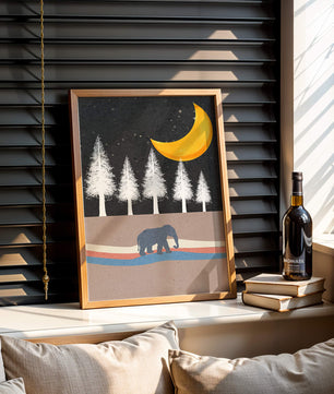 Serene Night Scene with Elephant Under Golden Moon in Forest - Mi tienda