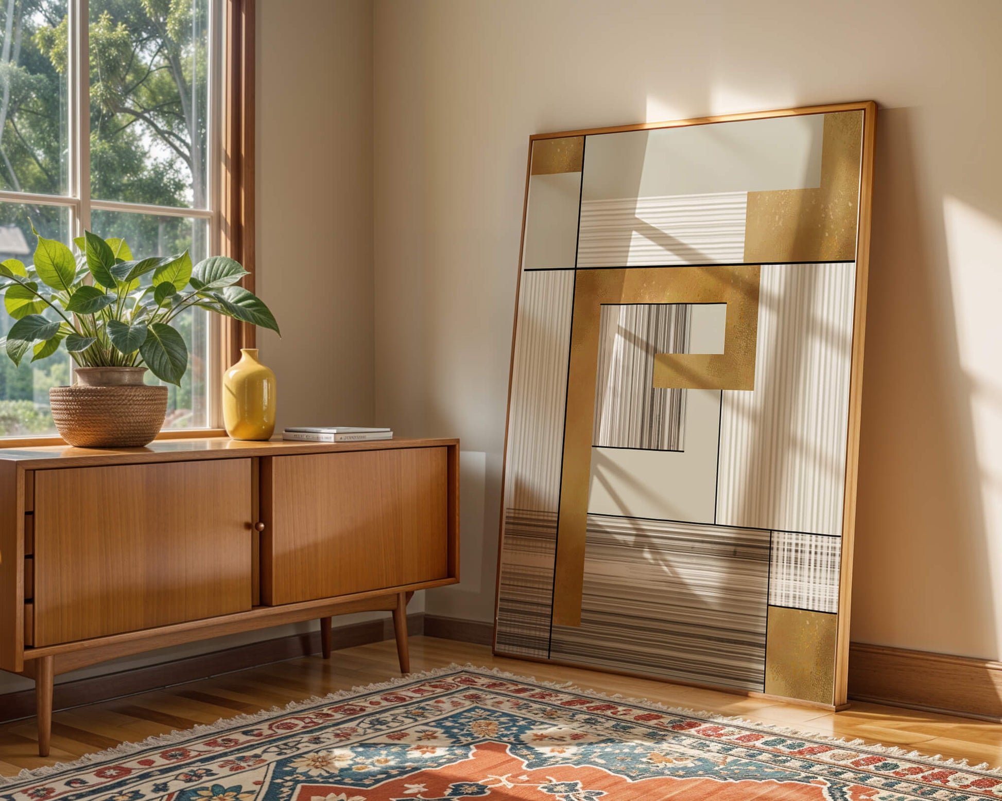 Abstract geometric pattern with gold and neutral tones