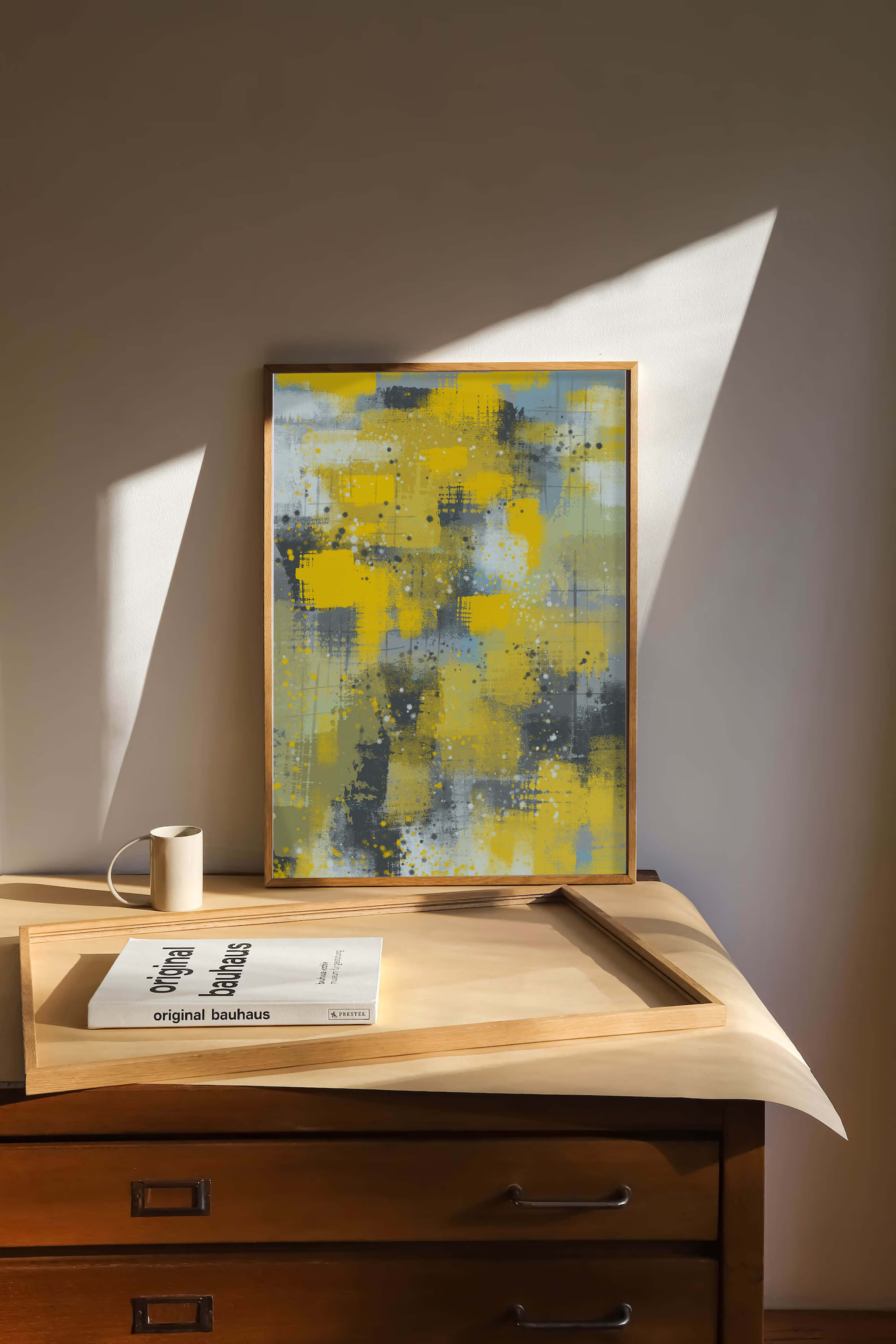 Abstract Yellow and Gray Geometric Art with Textured Patterns - Mi tienda