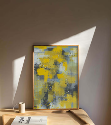 Abstract Yellow and Gray Geometric Art with Textured Patterns