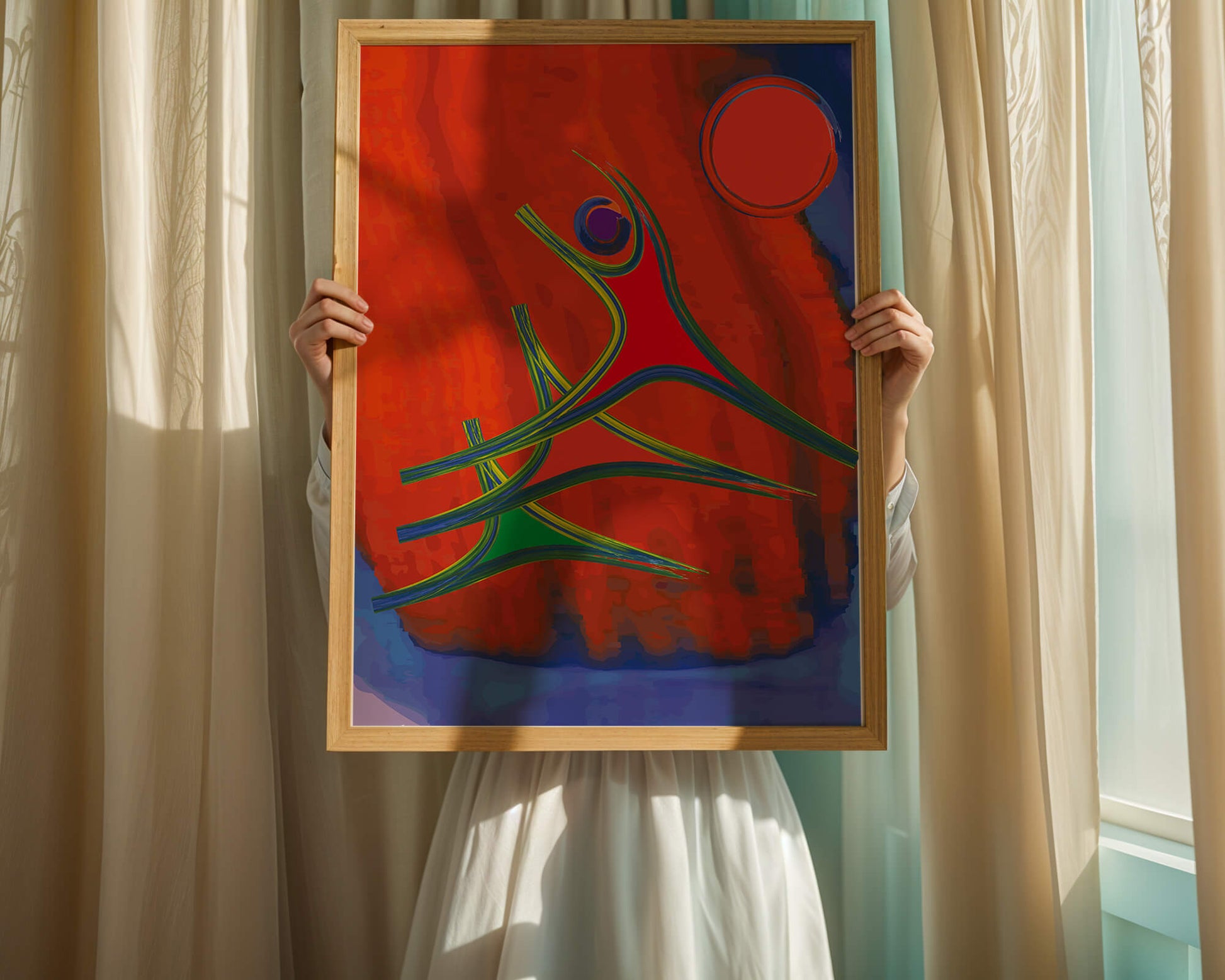 Abstract colorful artwork with dynamic figures and bold colors