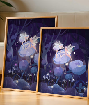 La forêt enchantée avec des fées et des fleurs lumineuses la nuit