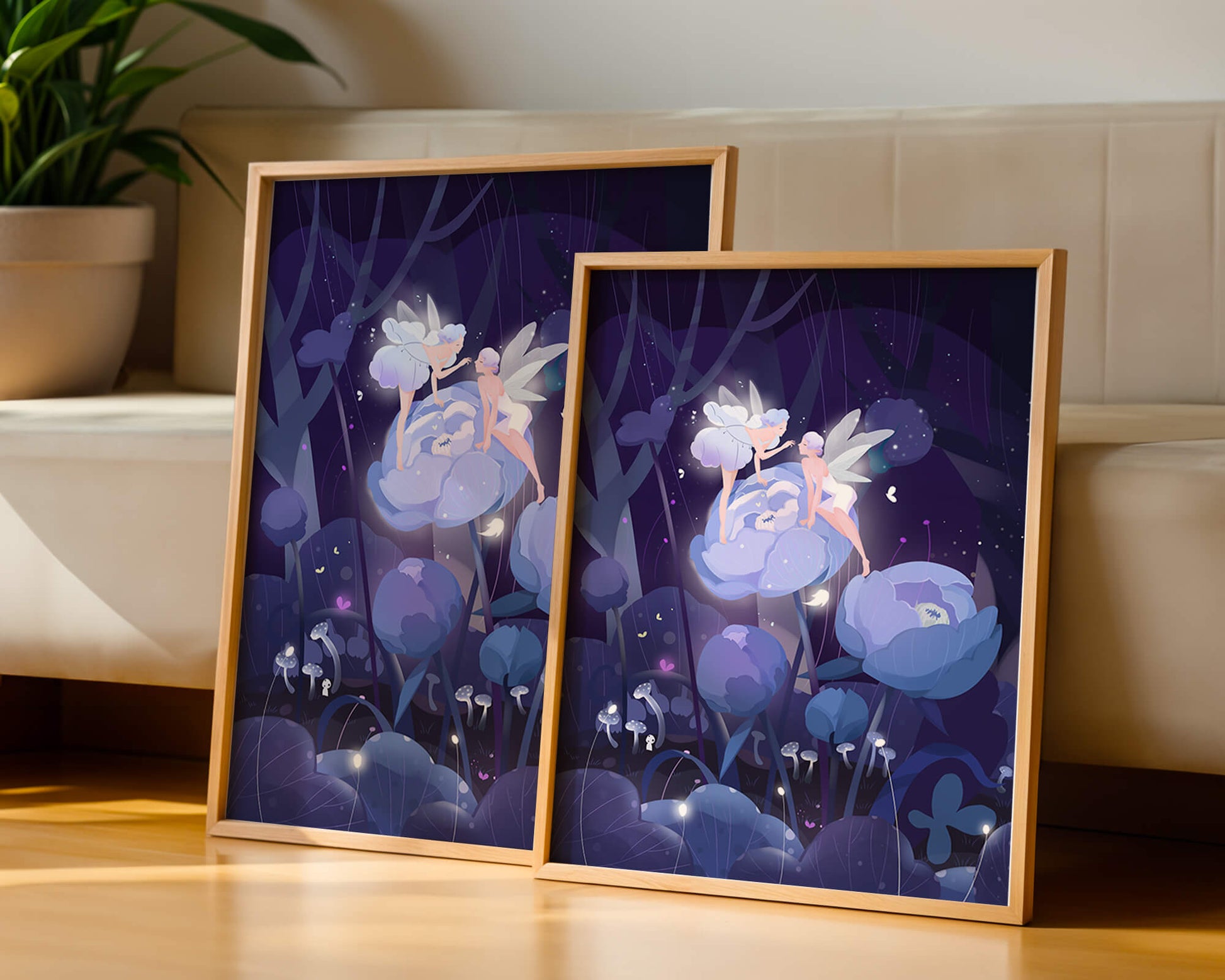 La forêt enchantée avec des fées et des fleurs lumineuses la nuit