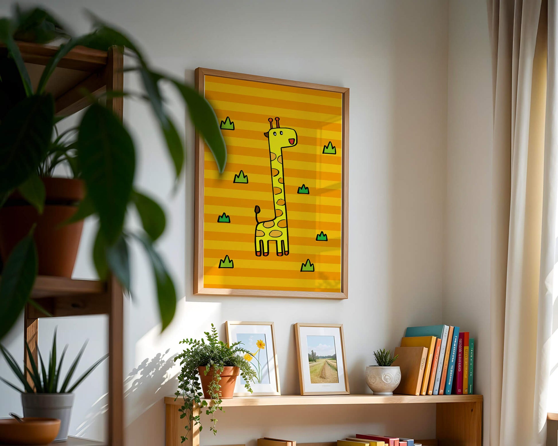 Bright cartoon giraffe illustration on a striped background