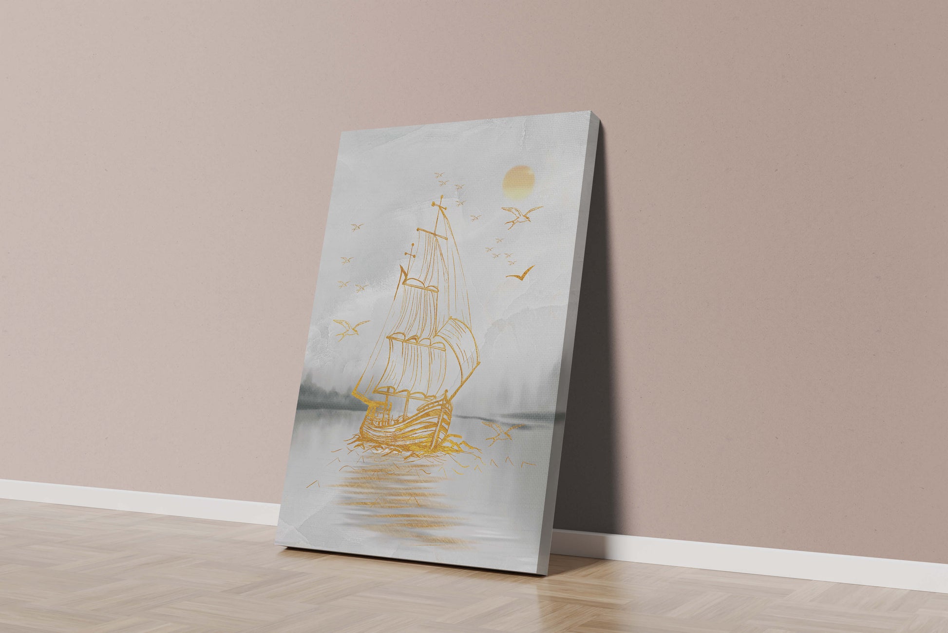 Serene nautical scene with golden sailboat at sea