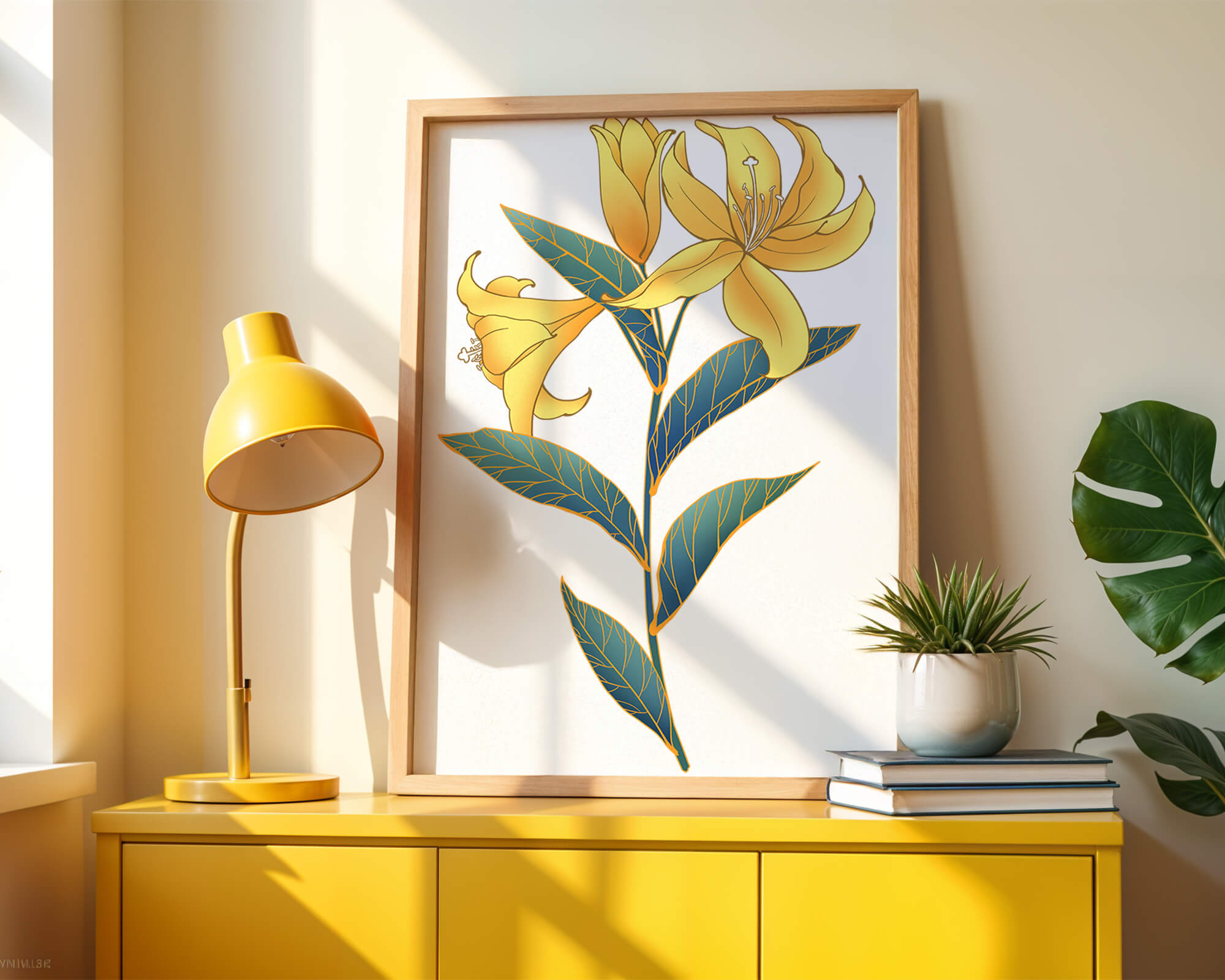 Elegant golden lily illustration with intricate leaf details