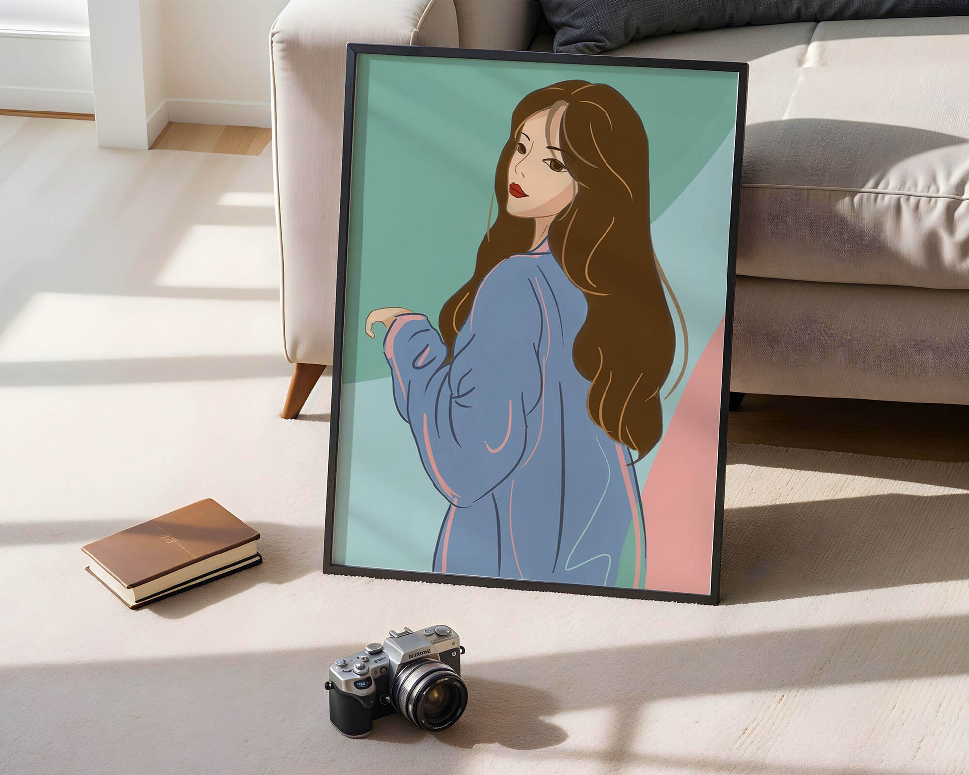 Stylish woman illustration with long hair in pastel shades