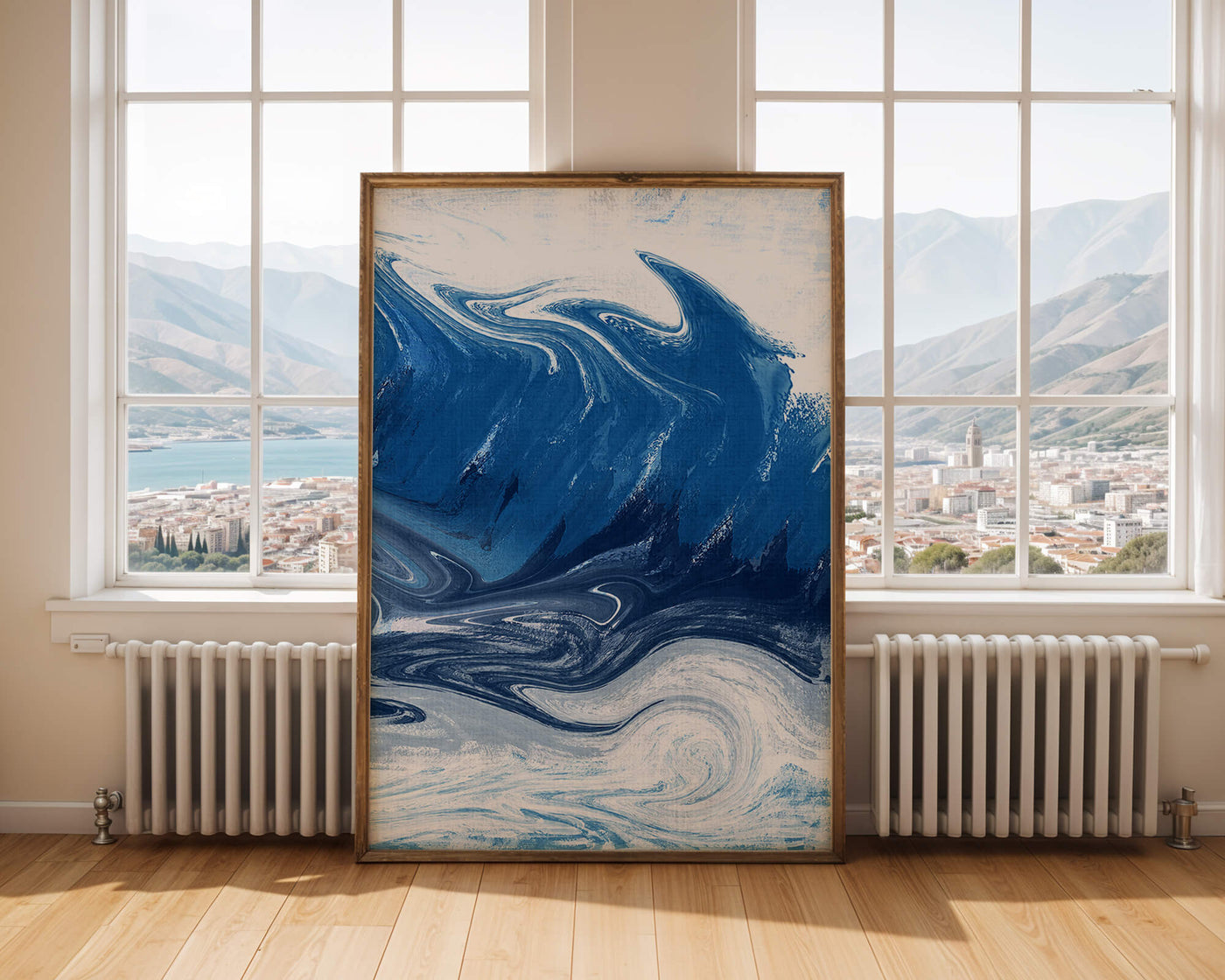 Abstract blue and white ocean wave painting with swirling patterns