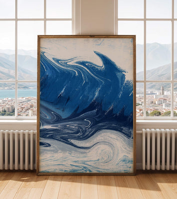 Abstract blue and white ocean wave painting with swirling patterns