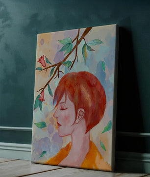 Illustrative artwork of a woman with red hair and floral branch
